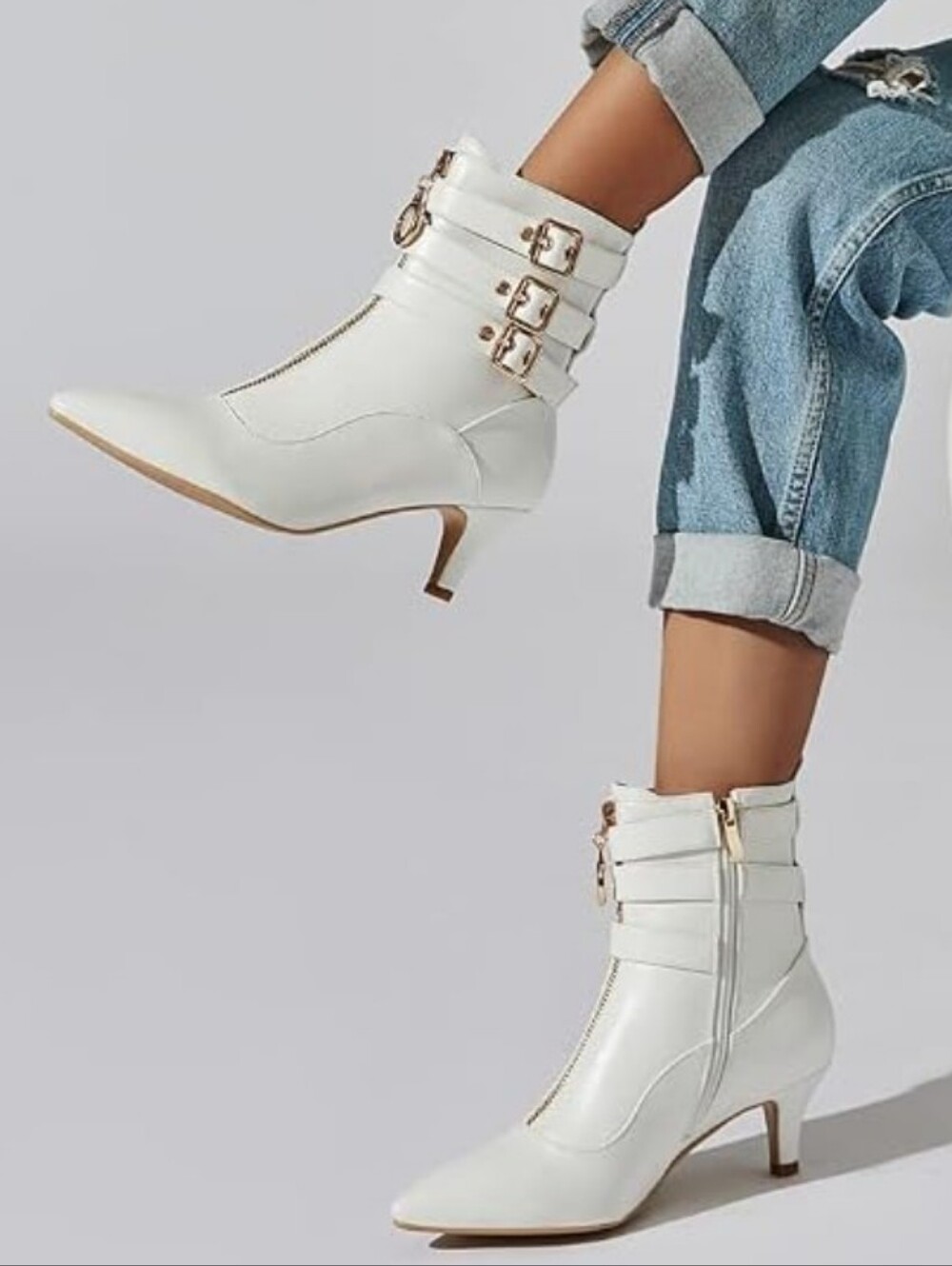 Women's White Ankle Booties with Gold Buckle Accent
